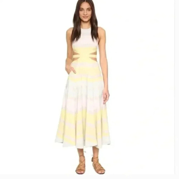 Mara Hoffman Dress Sleeveless Maxi Long Cutout Pastel Striped Yellow Tan Size 10 - Picture 4 of 6